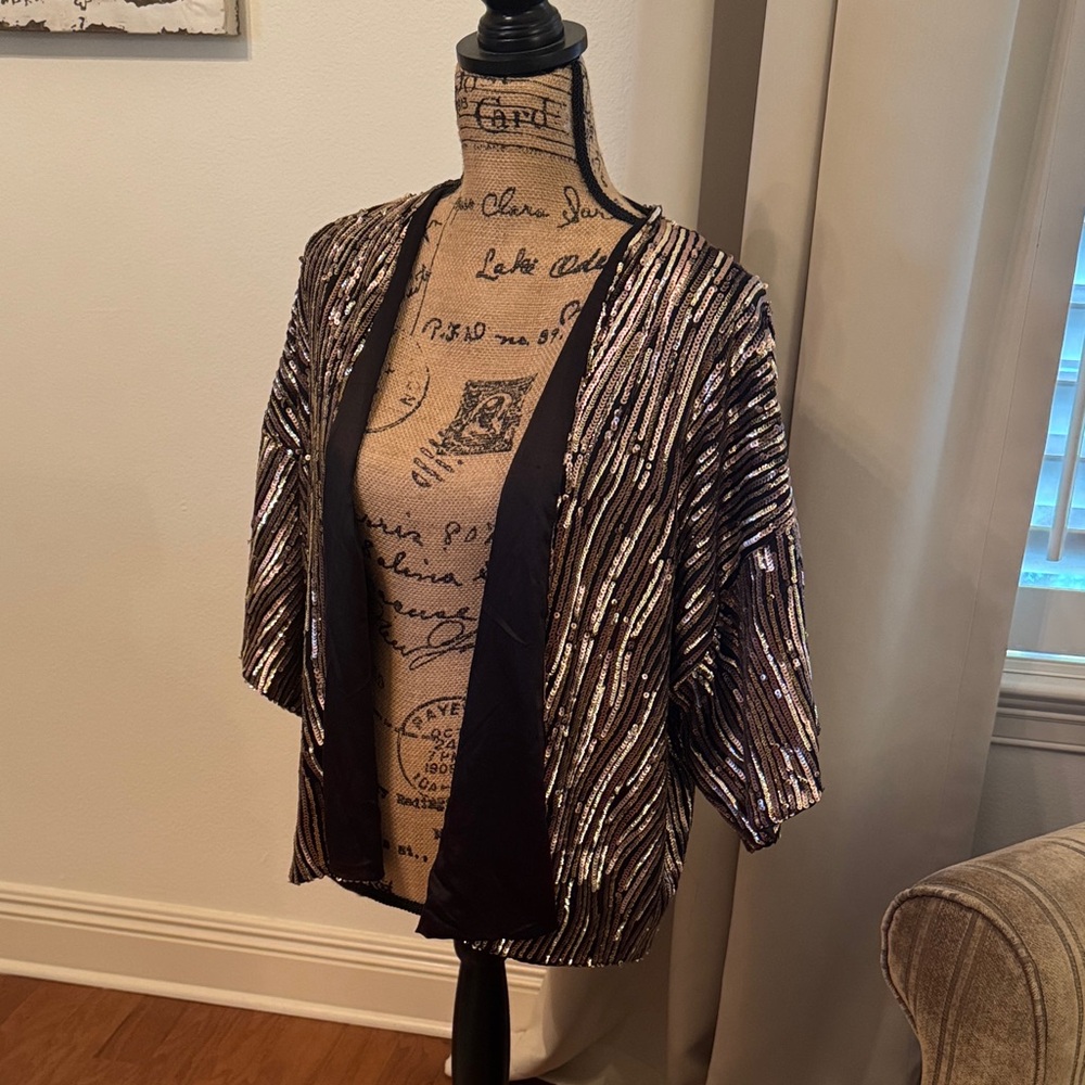 Gianni Bini Sequin Striped Kimono Jacket Black Gold XS